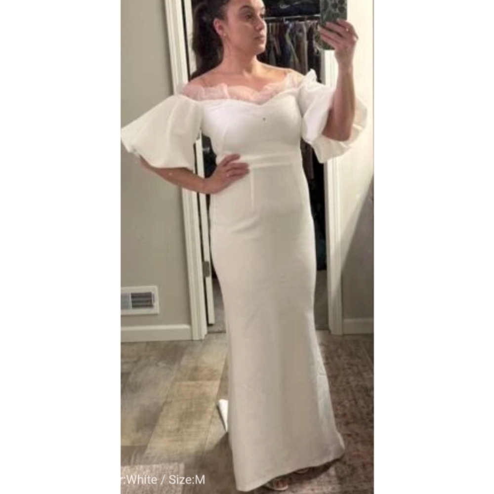 NEW Off Shoulder Contrast Mesh Mermaid Hem White Puff Sleeve Wedding Dre… - Picture 9 of 17